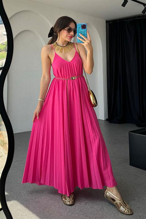 Niren  Orijinal Piliseli Elbise Elbise-Fuşya