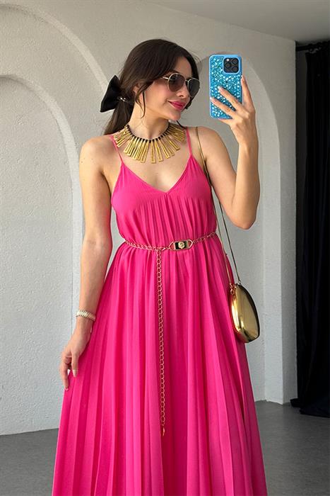 Niren  Orijinal Piliseli Elbise Elbise-Fuşya