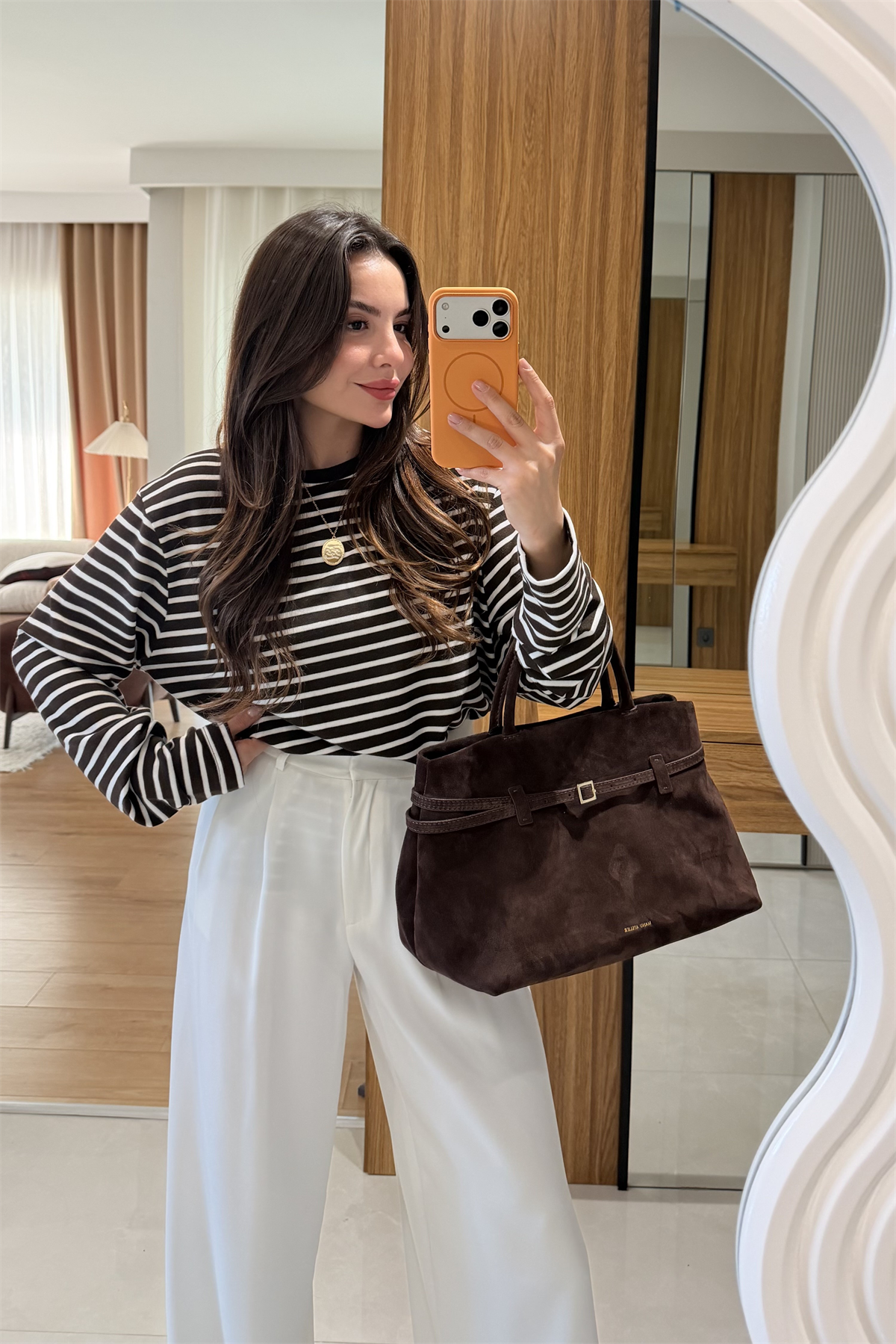 Nives Kahve Çizgili Uzun Kollu Tshirt
