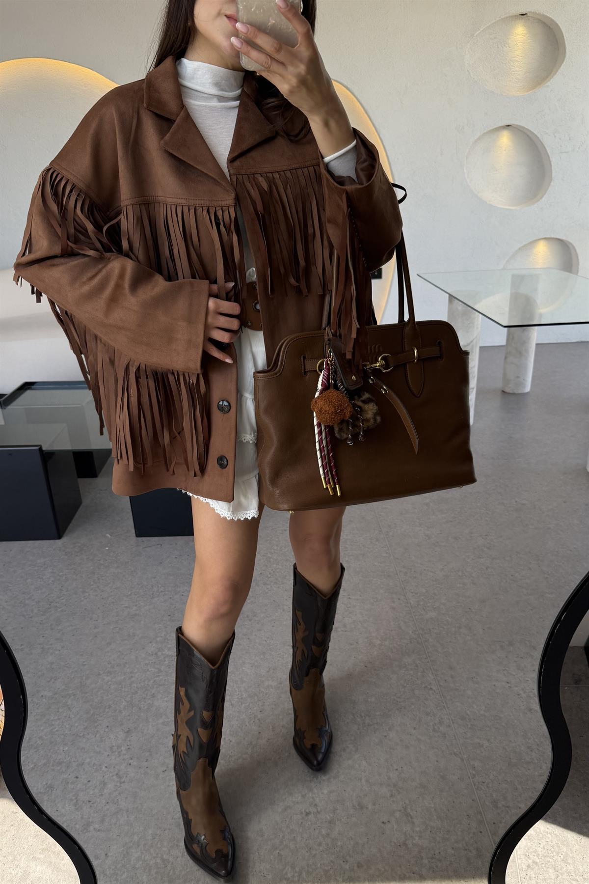 Nixie Kahve Vintage Püsküllü Süet Ceket