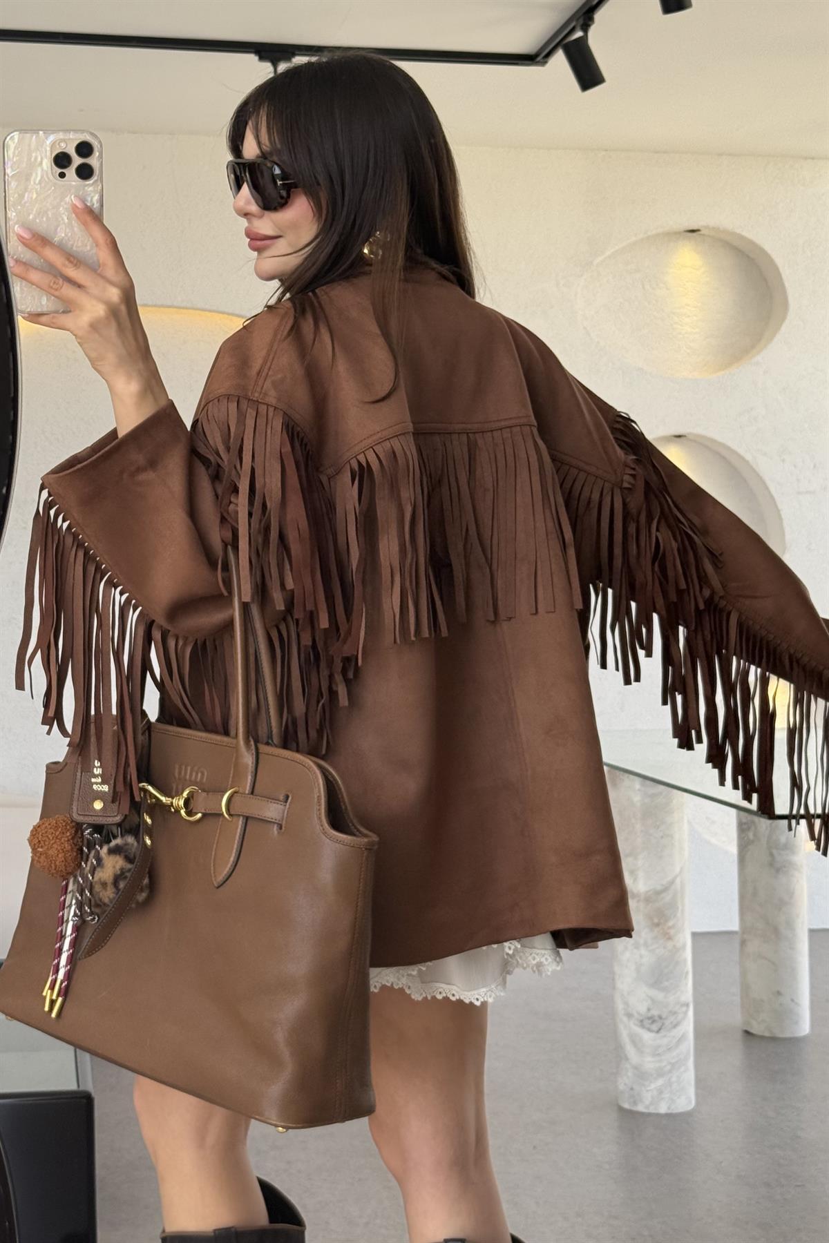 Nixie Kahve Vintage Püsküllü Süet Ceket