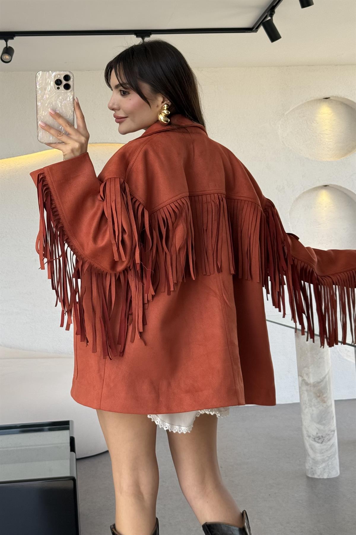 Nixie Kiremit Vintage Püsküllü Süet Ceket