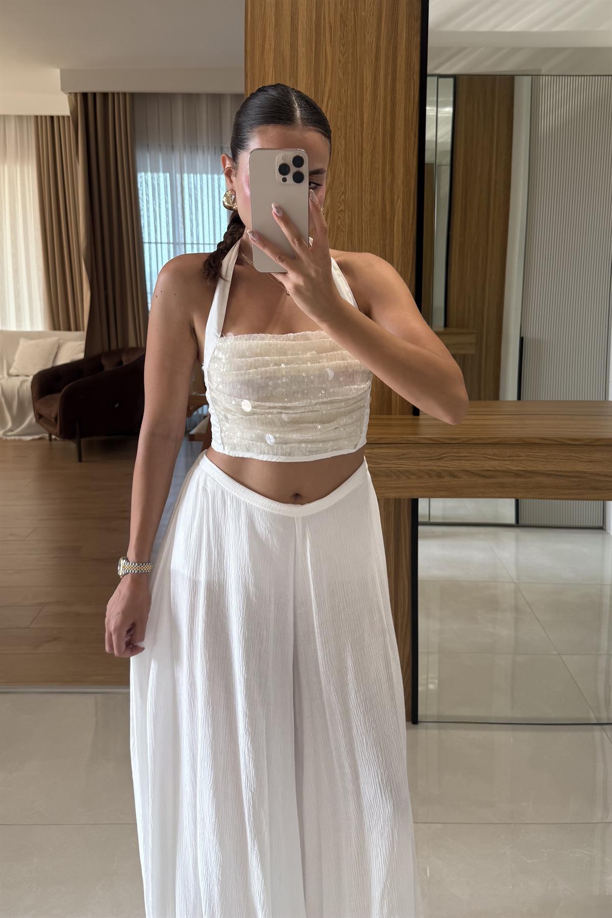 Noctera Beyaz Payet Boyundan Bağlamalı  Bluz 