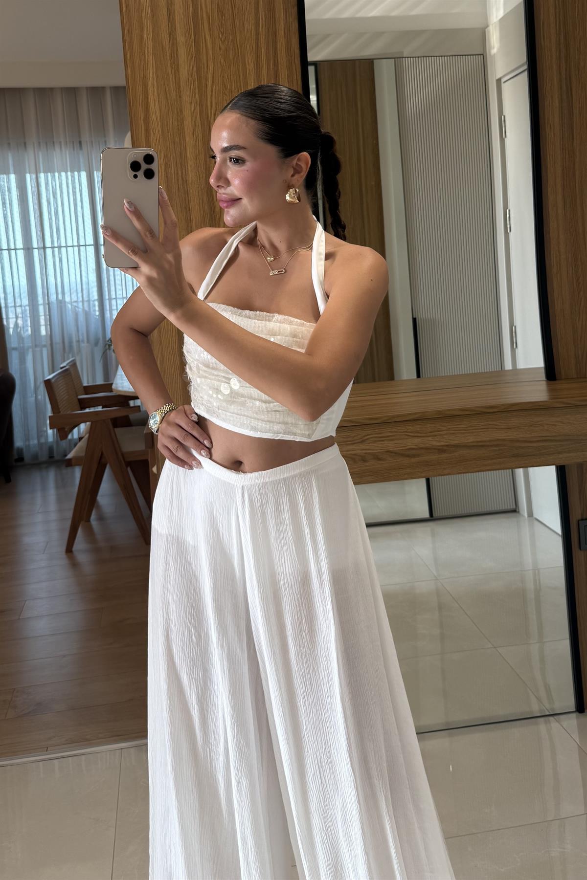 Noctera Beyaz Payet Boyundan Bağlamalı  Bluz 