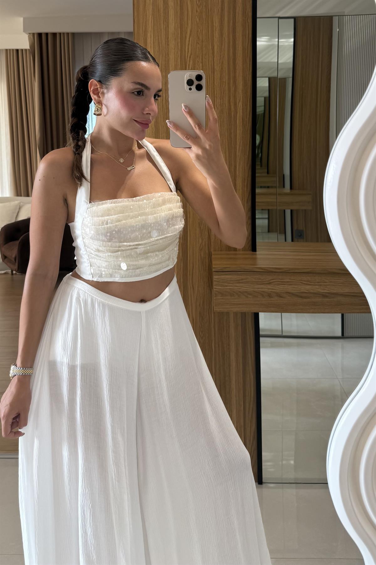 Noctera Beyaz Payet Boyundan Bağlamalı  Bluz 