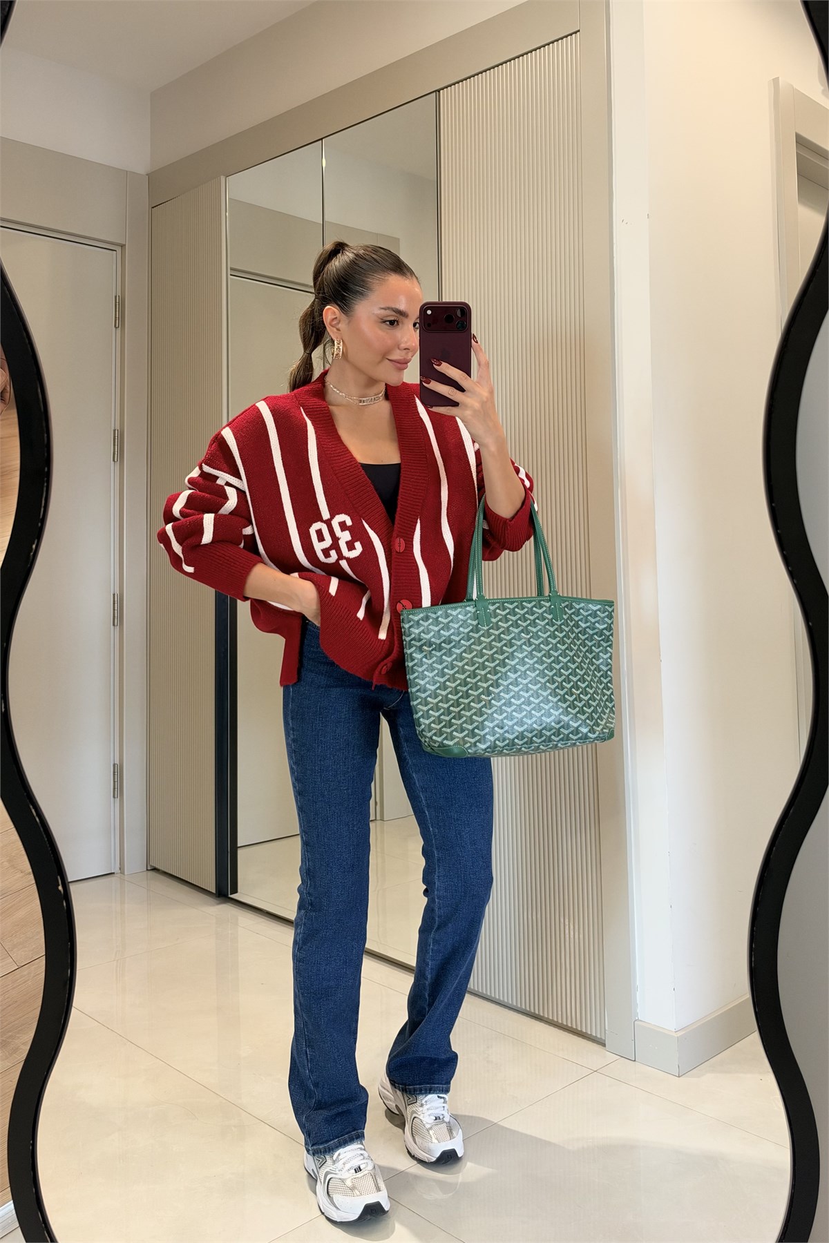 Nomad Bordo Çizgili Ve Numara Detaylı  Hırka