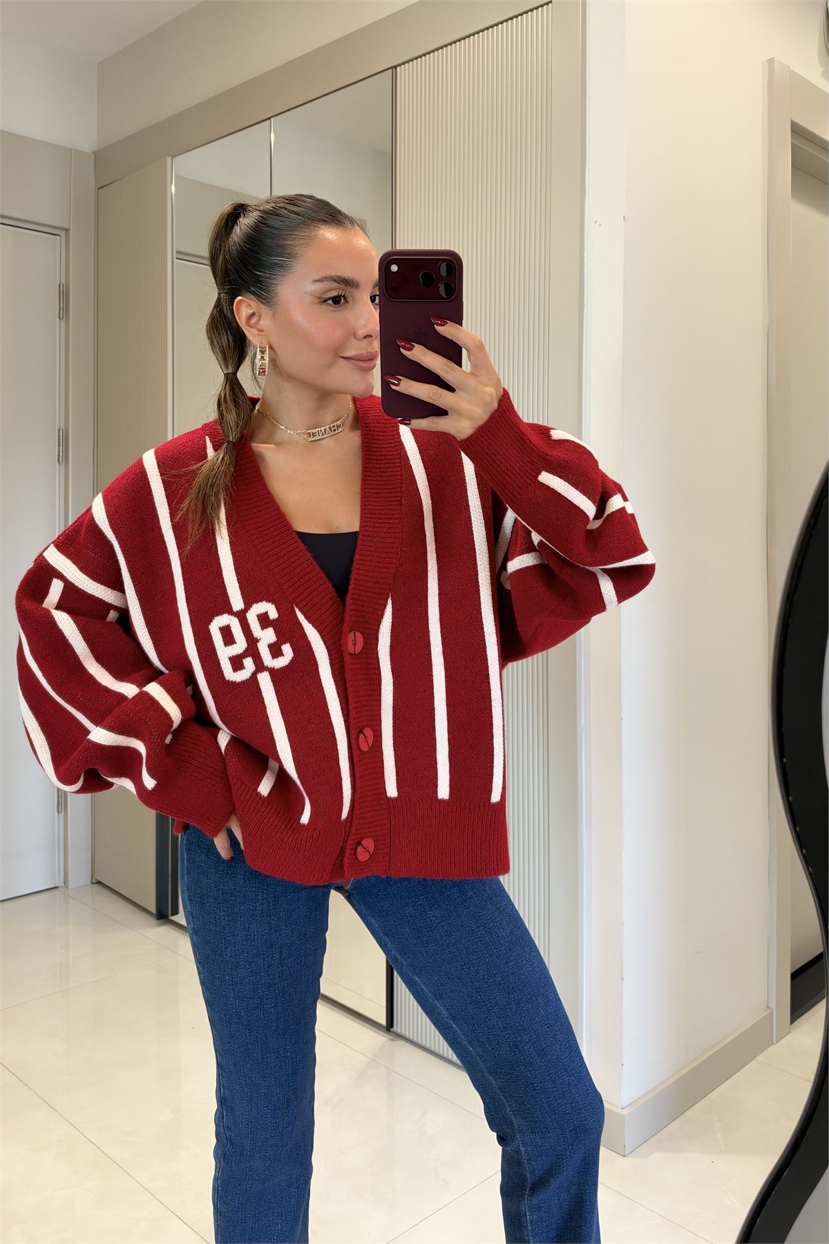 Nomad Bordo Çizgili Ve Numara Detaylı  Hırka