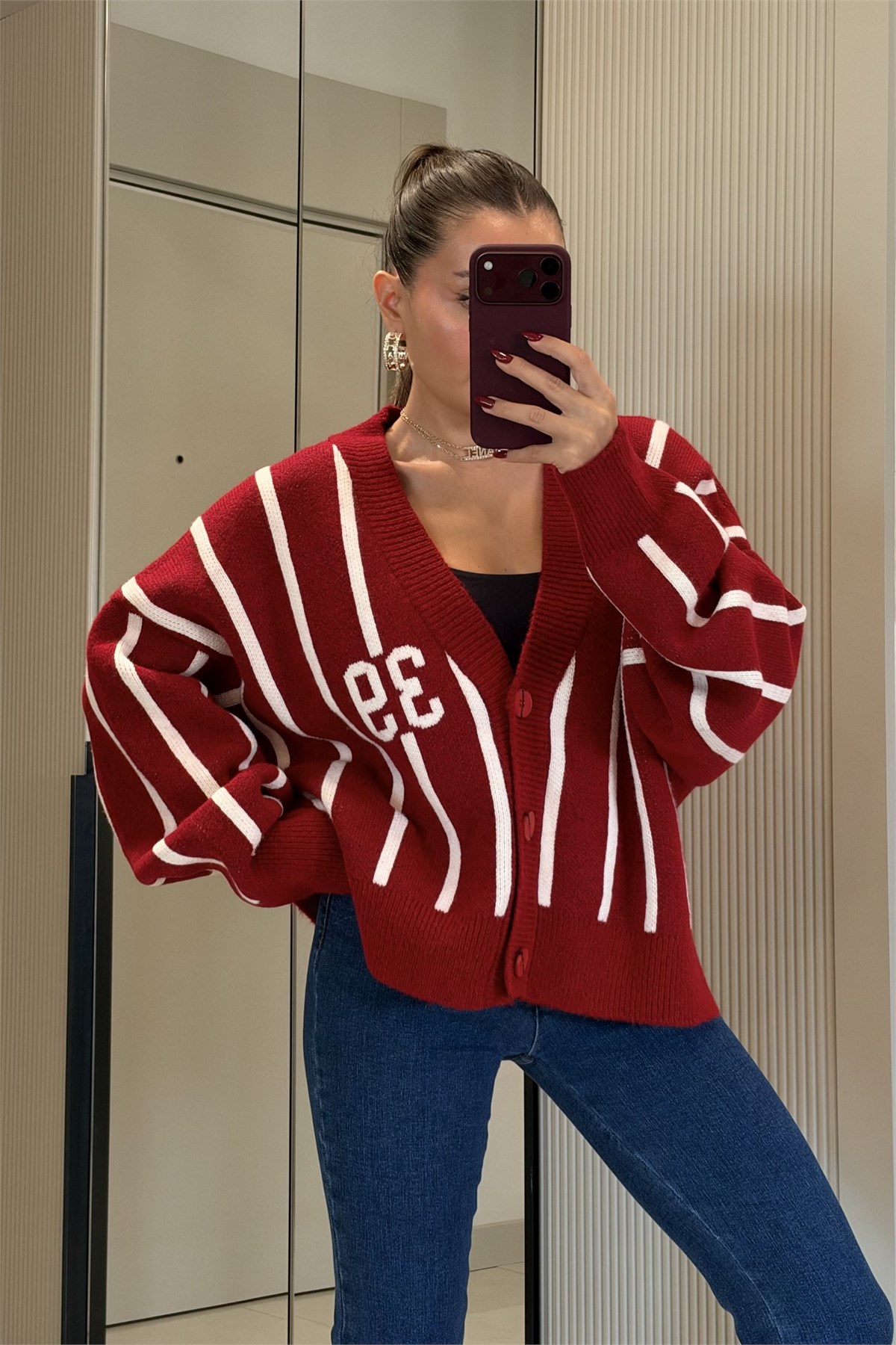 Nomad Bordo Çizgili Ve Numara Detaylı  Hırka