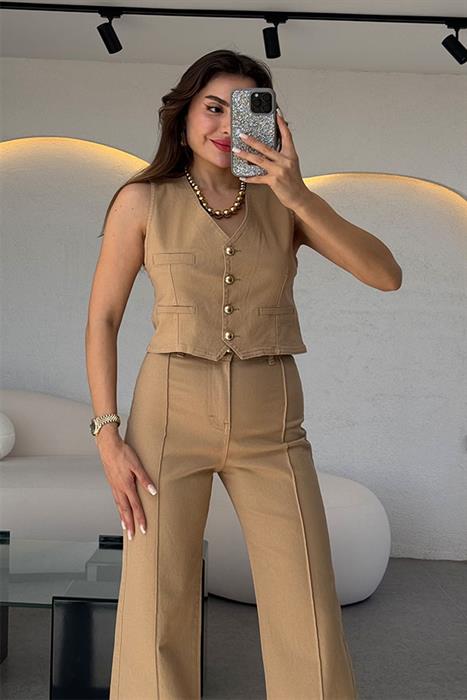 Noris Denim Yelek Pantolon Takım-Sütlü Kahve