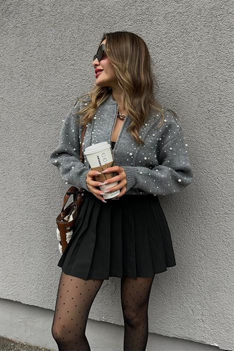 Nouvele İnci İşlemeli Hırka - Gri