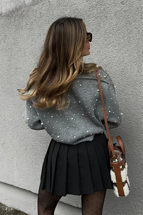 Nouvele İnci İşlemeli Hırka - Gri