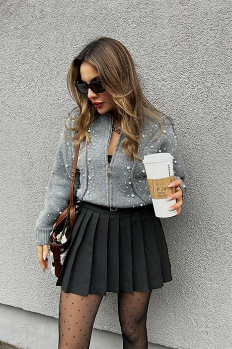 Nouvele İnci İşlemeli Hırka - Gri