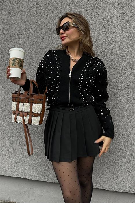 Nouvele İnci İşlemeli Hırka - Siyah