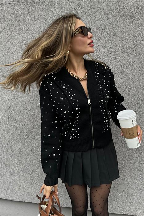 Nouvele İnci İşlemeli Hırka - Siyah