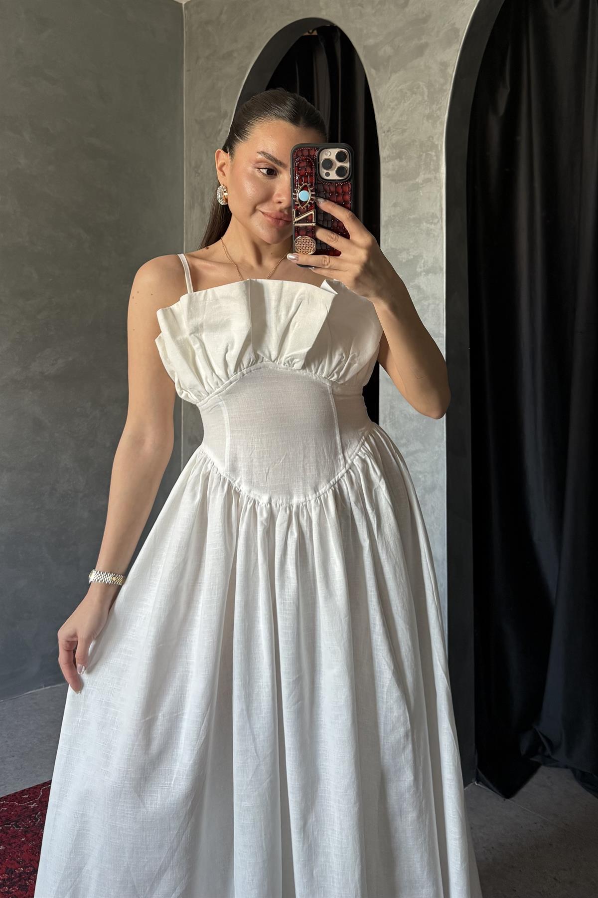 Novella Beyaz Askılı Keten Elbise