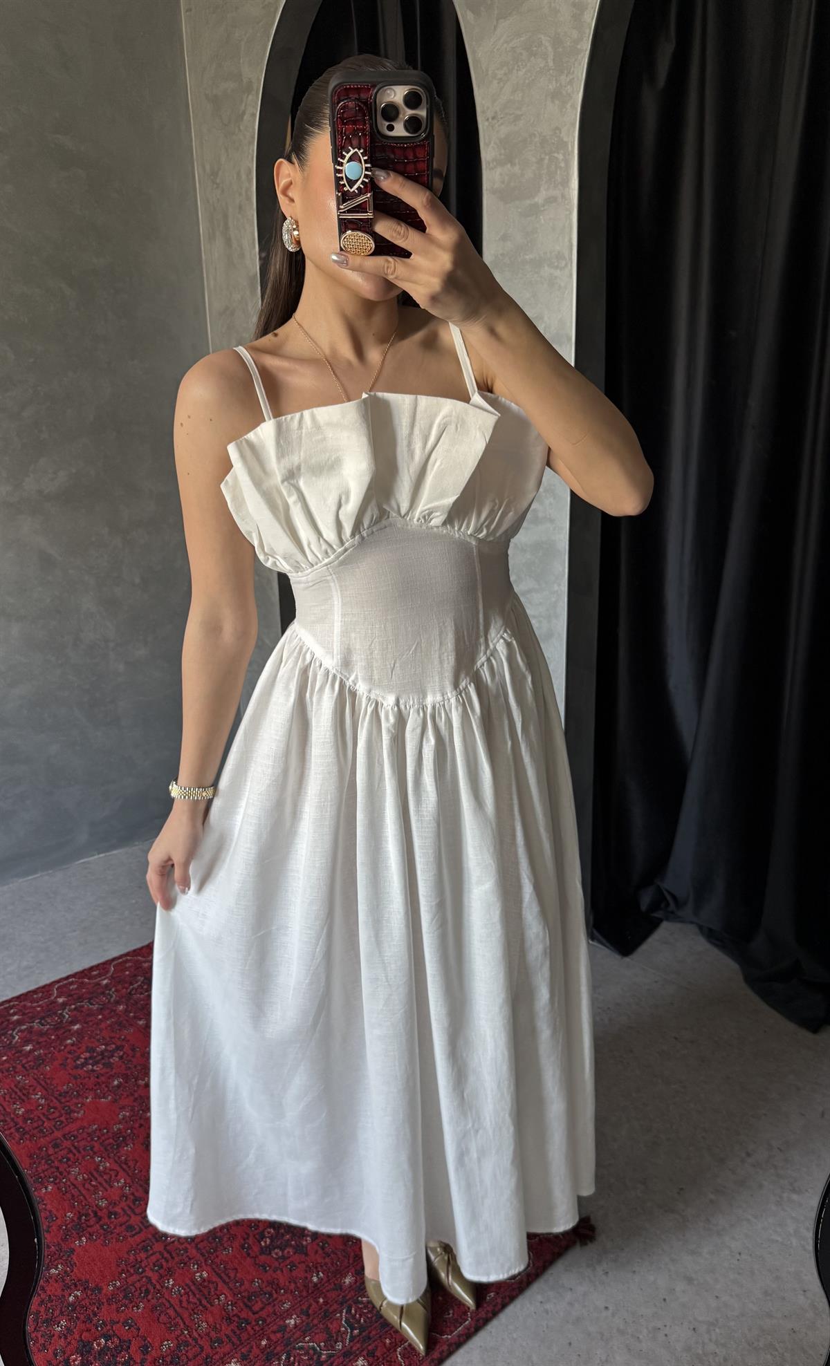 Novella Beyaz Askılı Keten Elbise