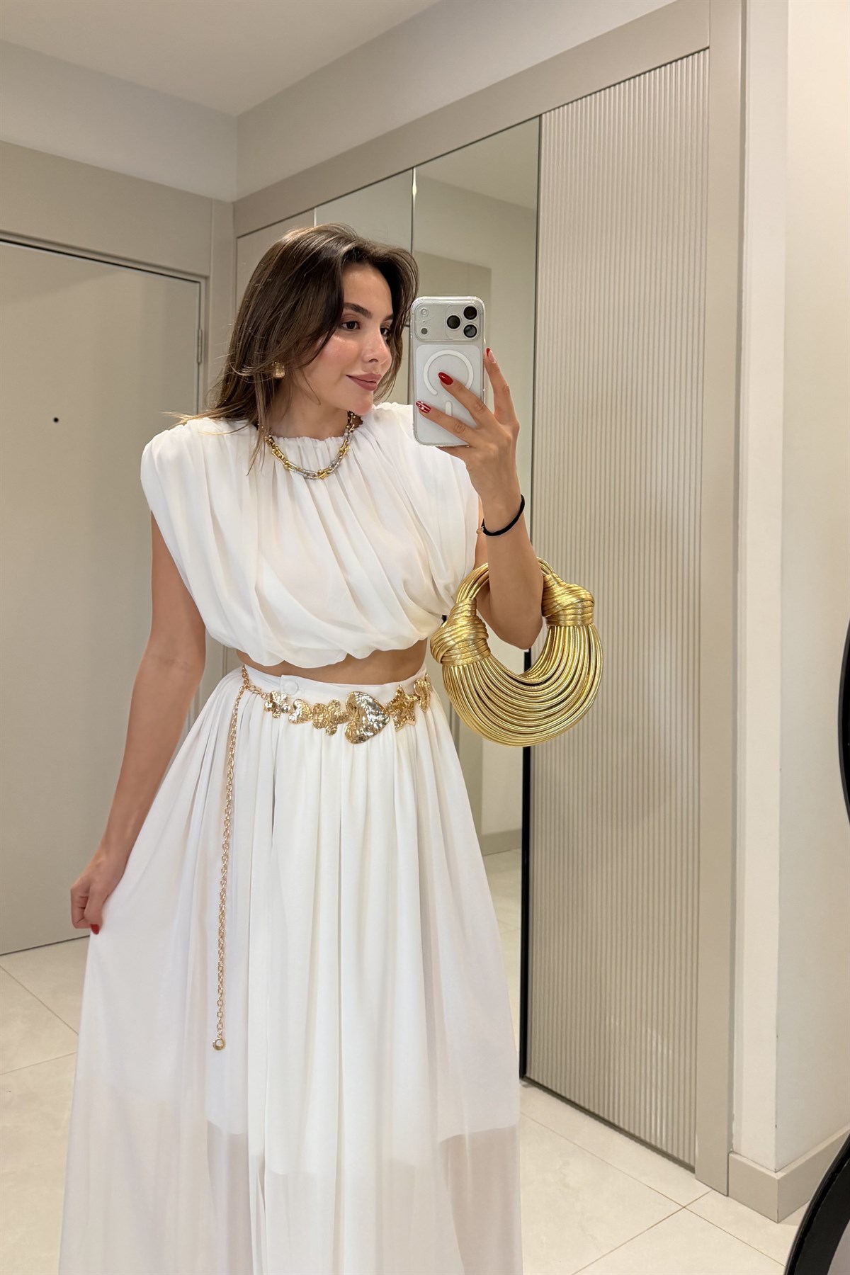 Novella Beyaz Astarlı Şifon Etek Bluz Takım