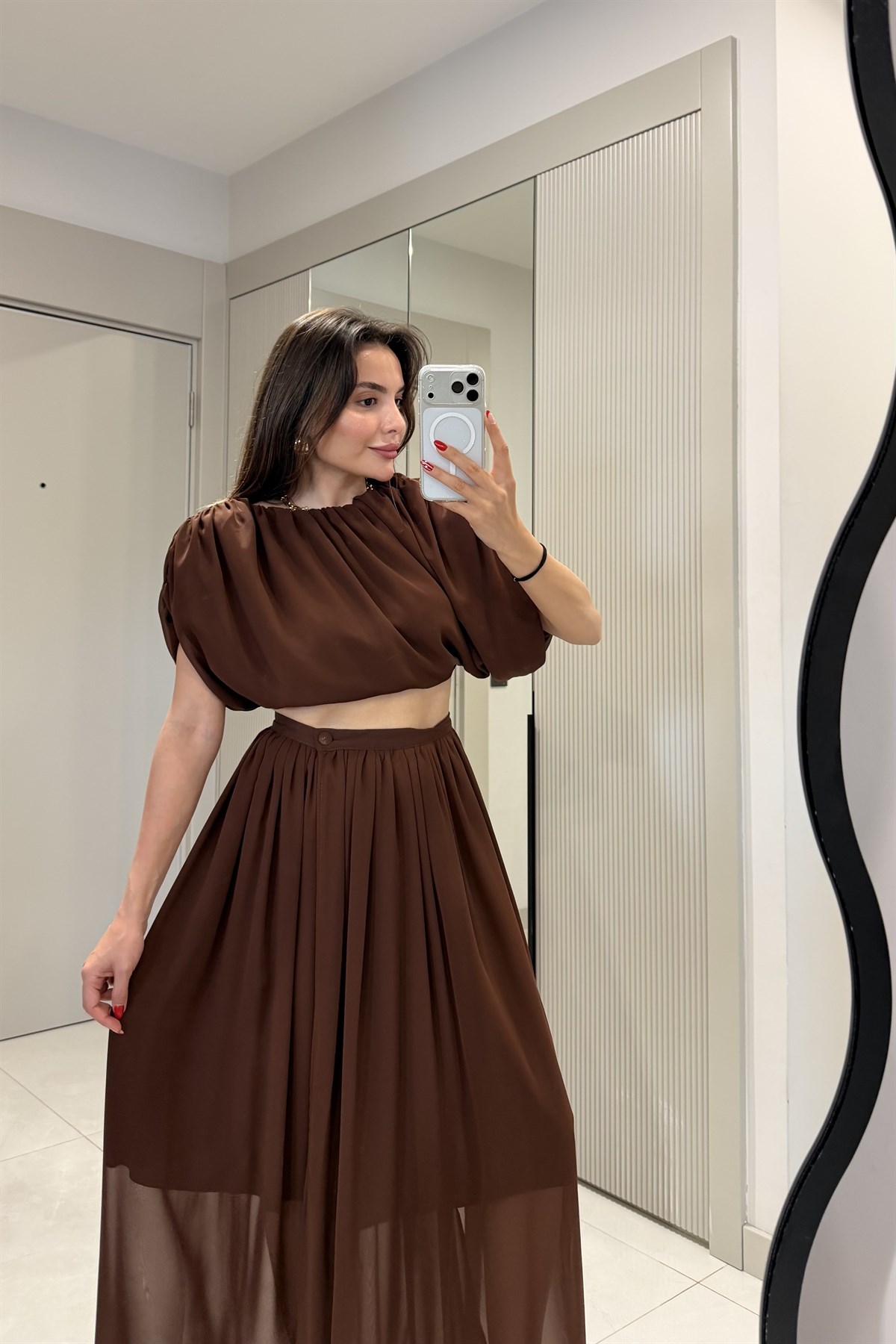 Novella Kahve Astarlı Şifon Etek Bluz Takım