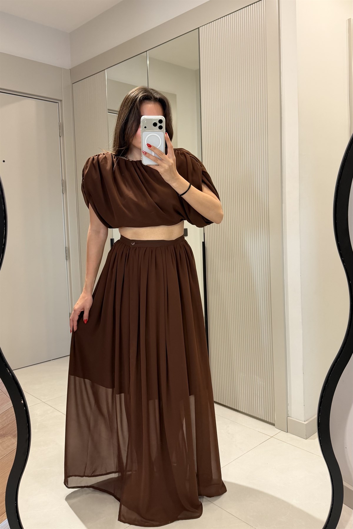 Novella Kahve Astarlı Şifon Etek Bluz Takım