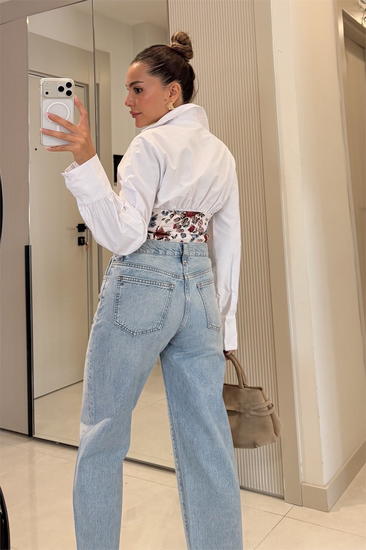 Novia Çiçek Desenli Korse Detaylı Gömlek