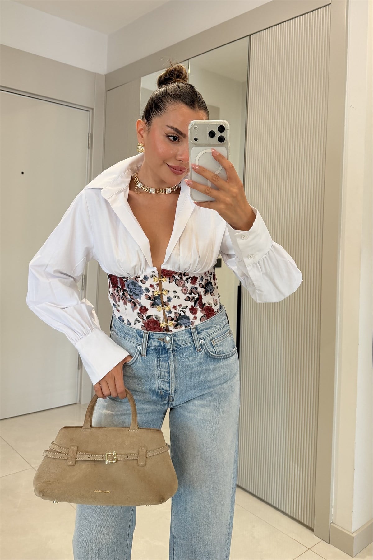 Novia Çiçek Desenli Korse Detaylı Gömlek