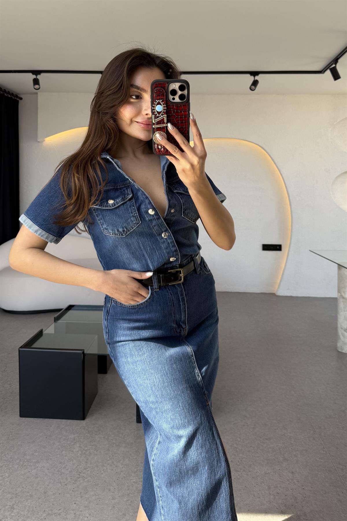 Novia Yarım Kollu Yırtmaçlı  Denim Elbise 