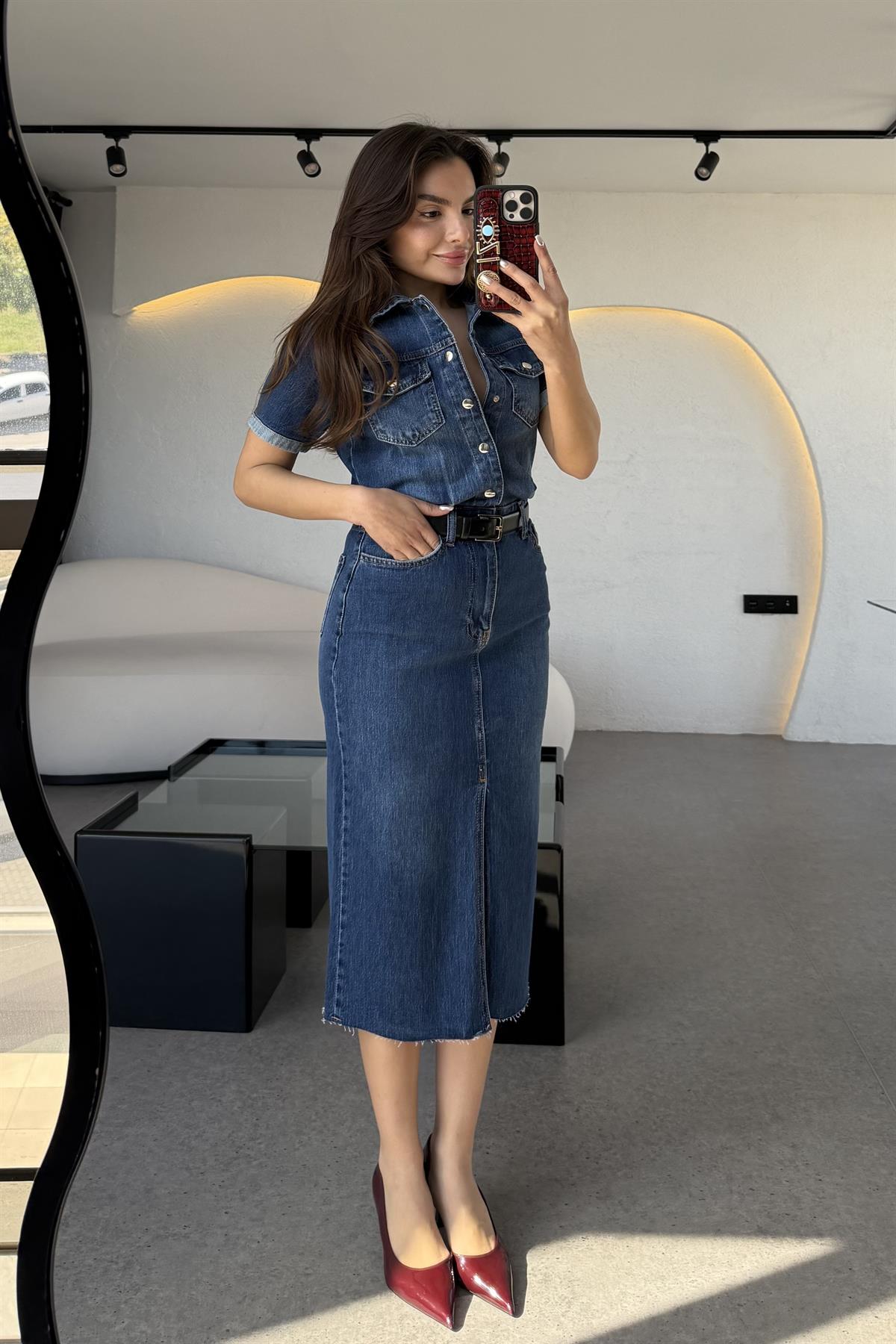 Novia Yarım Kollu Yırtmaçlı  Denim Elbise 