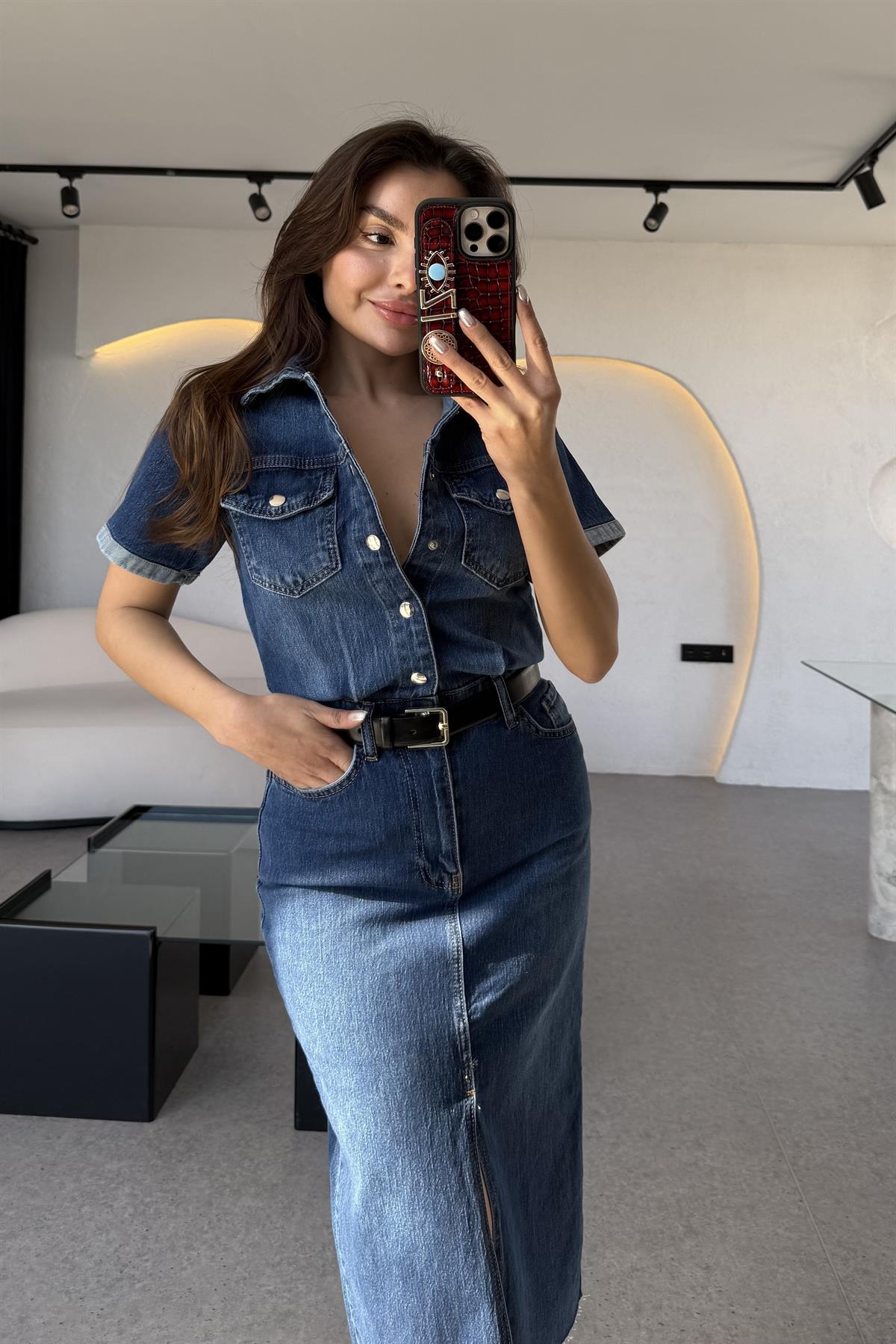 Novia Yarım Kollu Yırtmaçlı  Denim Elbise 