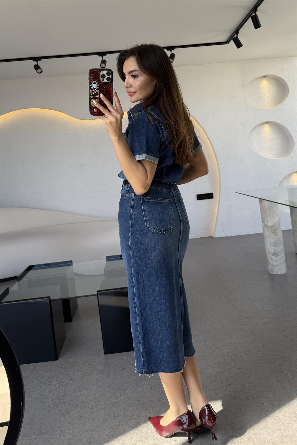 Novia Yarım Kollu Yırtmaçlı  Denim Elbise 