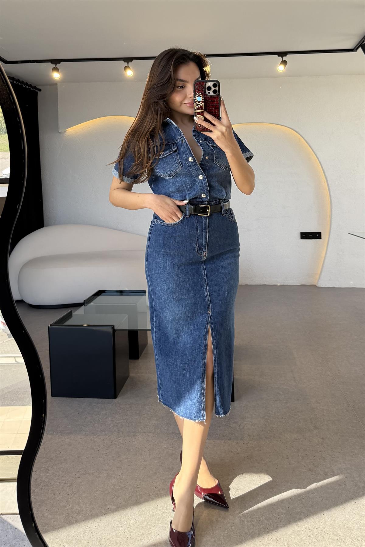 Novia Yarım Kollu Yırtmaçlı  Denim Elbise 
