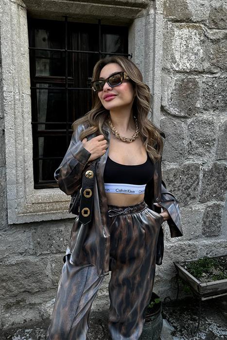 Noxi Kahve Geçişli Gömlek Pantolon Takım