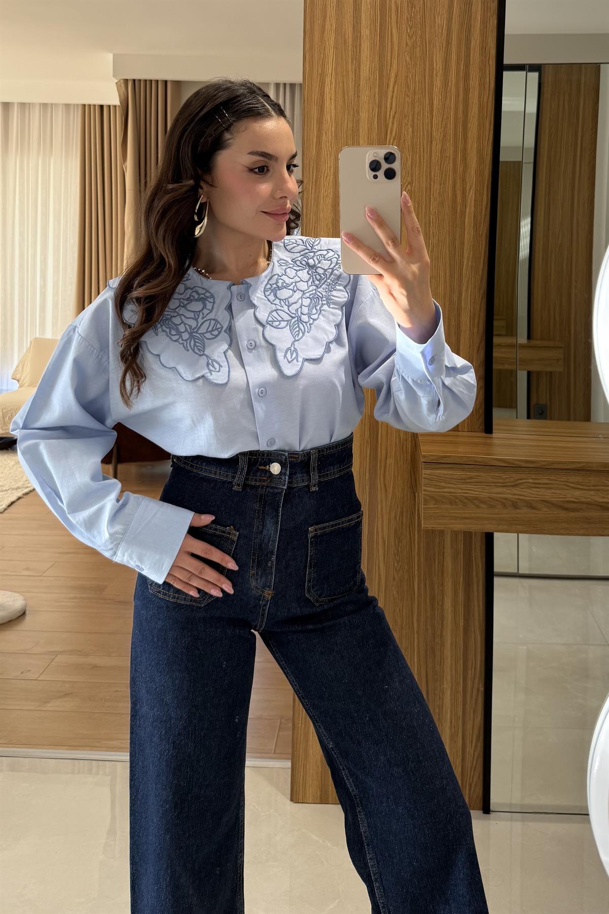 Nuvia Mavi Nakışlı Poplin Gömlek 