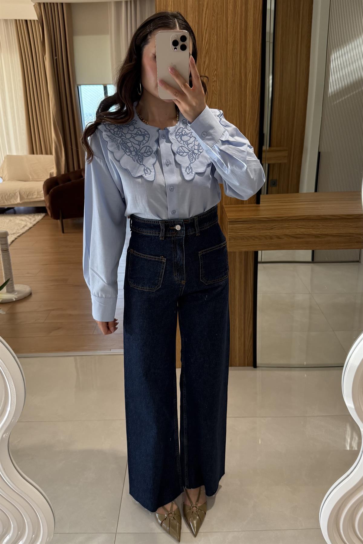 Nuvia Mavi Nakışlı Poplin Gömlek 