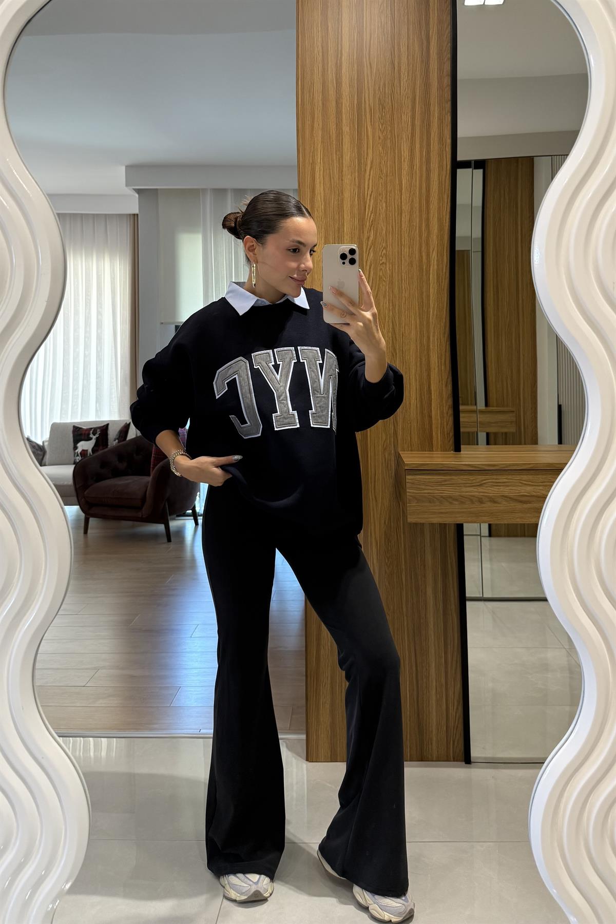 NYC Gömlek Yakalı Nakış Detaylı Oversize Sweatshirt Lacivert