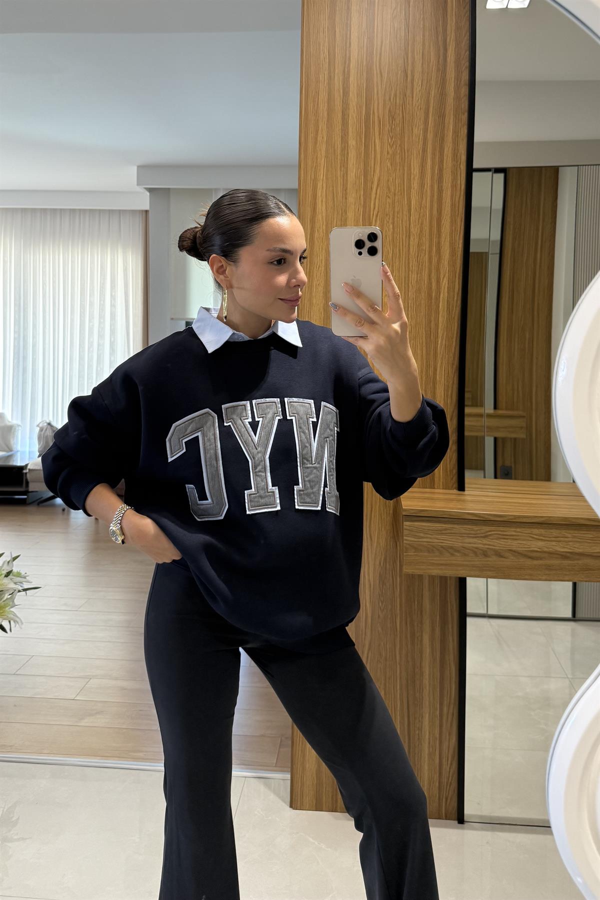 NYC Gömlek Yakalı Nakış Detaylı Oversize Sweatshirt Lacivert