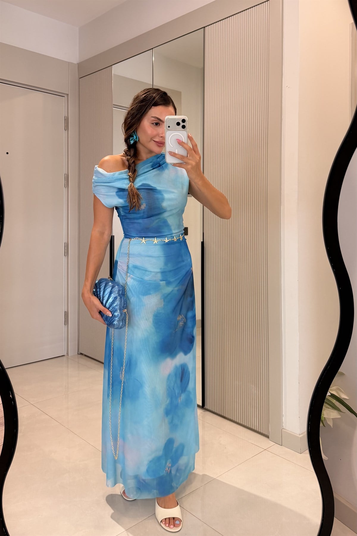Oceana Mavi Degaje Yaka Batik Desen Elbise