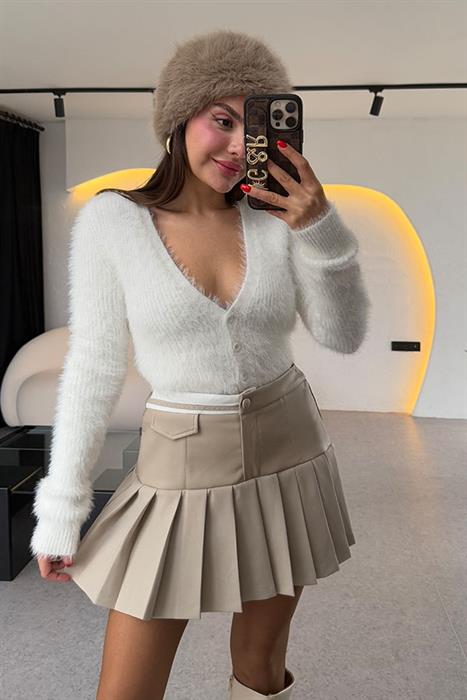 Octaaf Krem Deri Şort Etek 