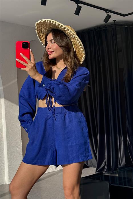 Octavia  Keten Crop Şort Takım-Mavi