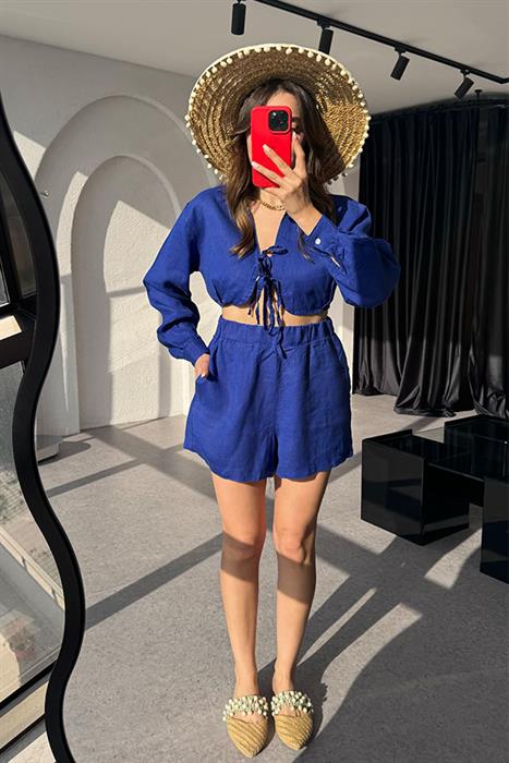 Octavia  Keten Crop Şort Takım-Mavi