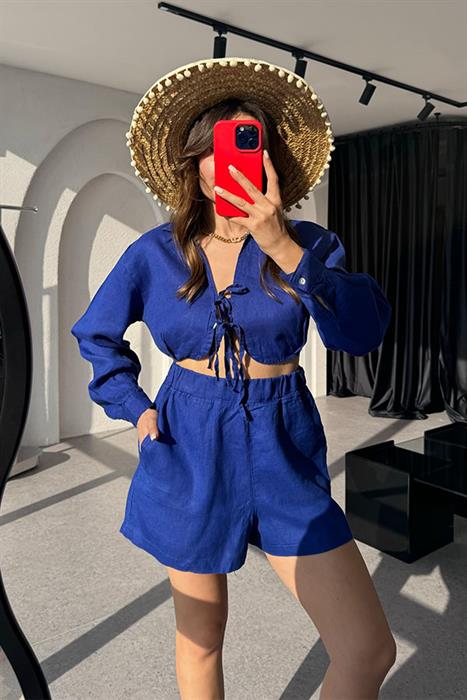 Octavia  Keten Crop Şort Takım-Mavi