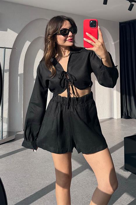 Octavia  Keten Crop-Şort Takım-Siyah