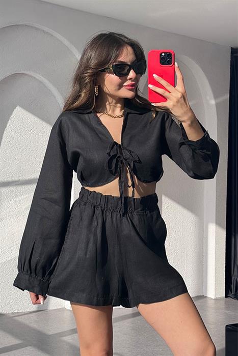 Octavia  Keten Crop-Şort Takım-Siyah