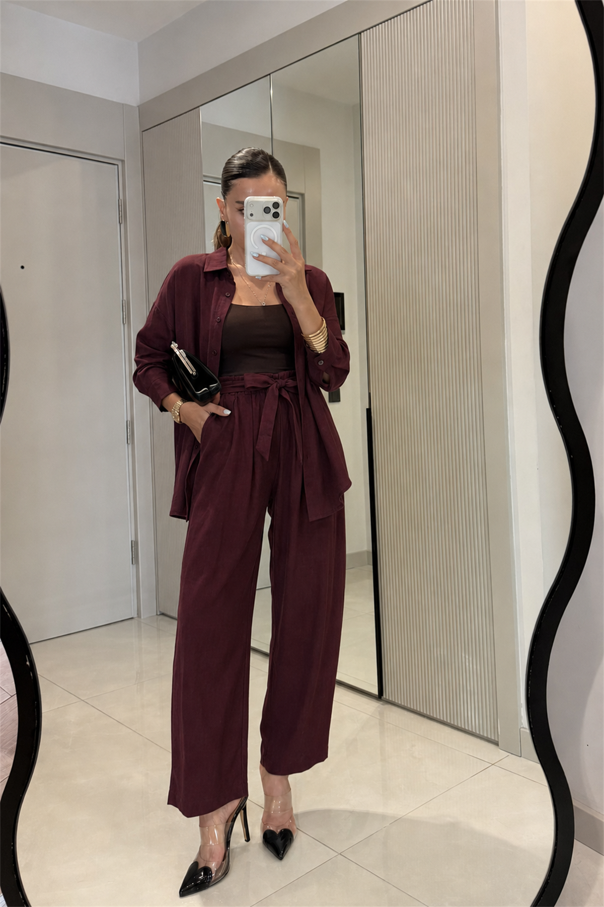 Odette Bordo MD Kuşaklı Tensel Gömlek Pantolon Takım