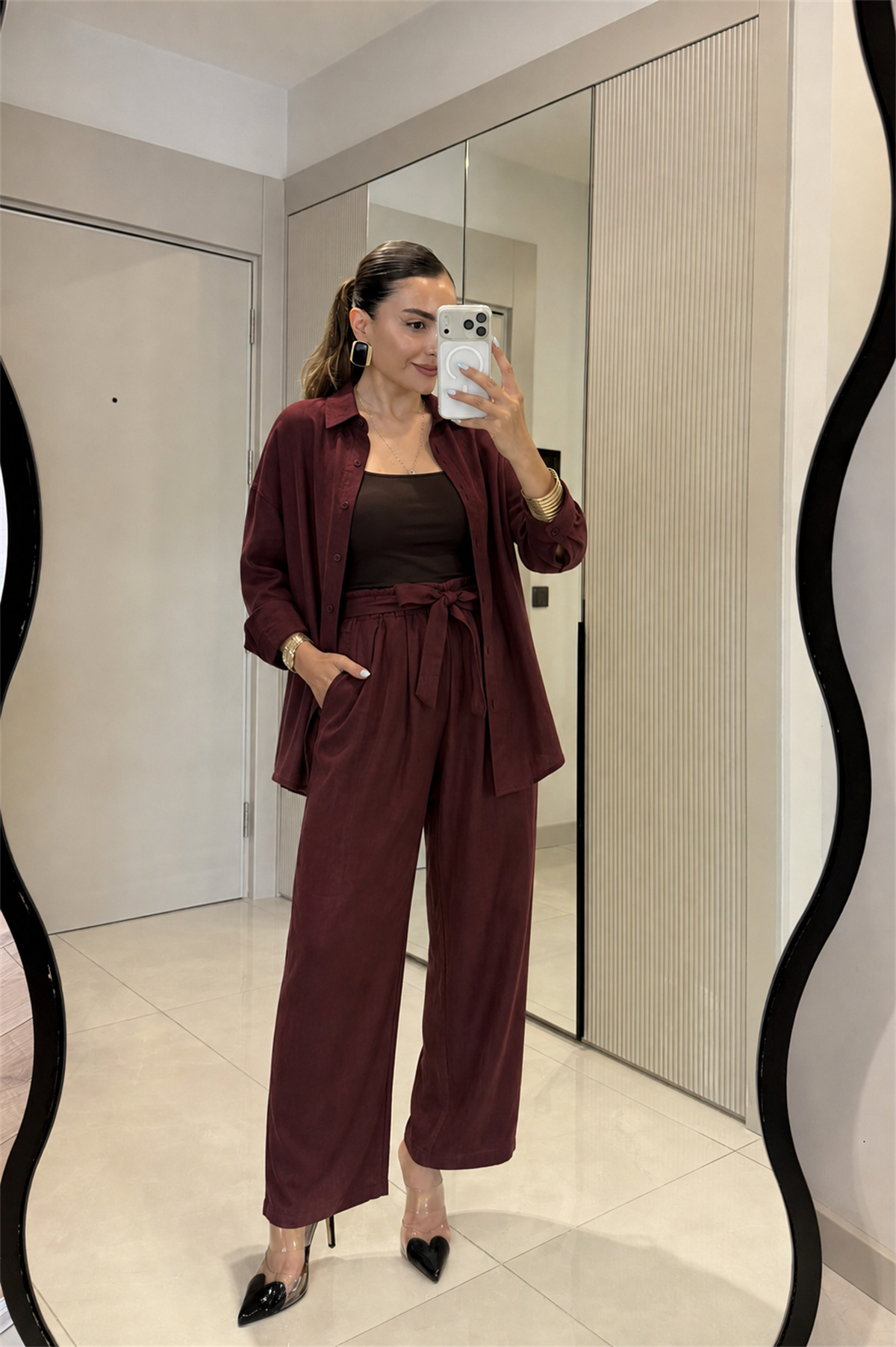 Odette Bordo MD Kuşaklı Tensel Gömlek Pantolon Takım