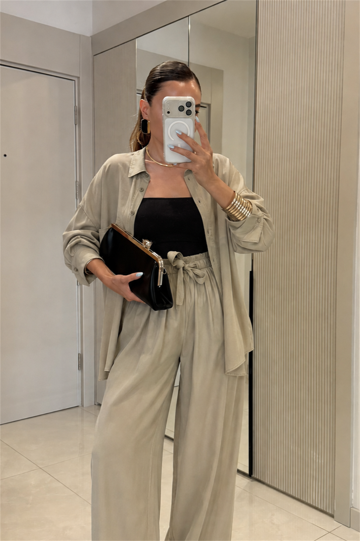 Odette Haki MD Kuşaklı Tensel Gömlek Pantolon Takım
