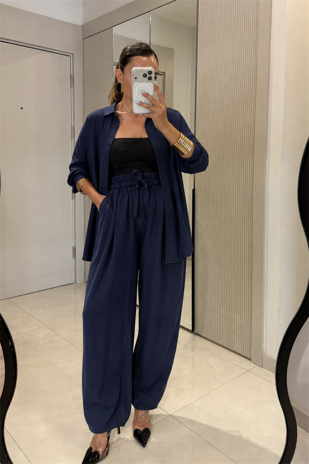 Odette Lacivert MD Kuşaklı Tensel Gömlek Pantolon Takım