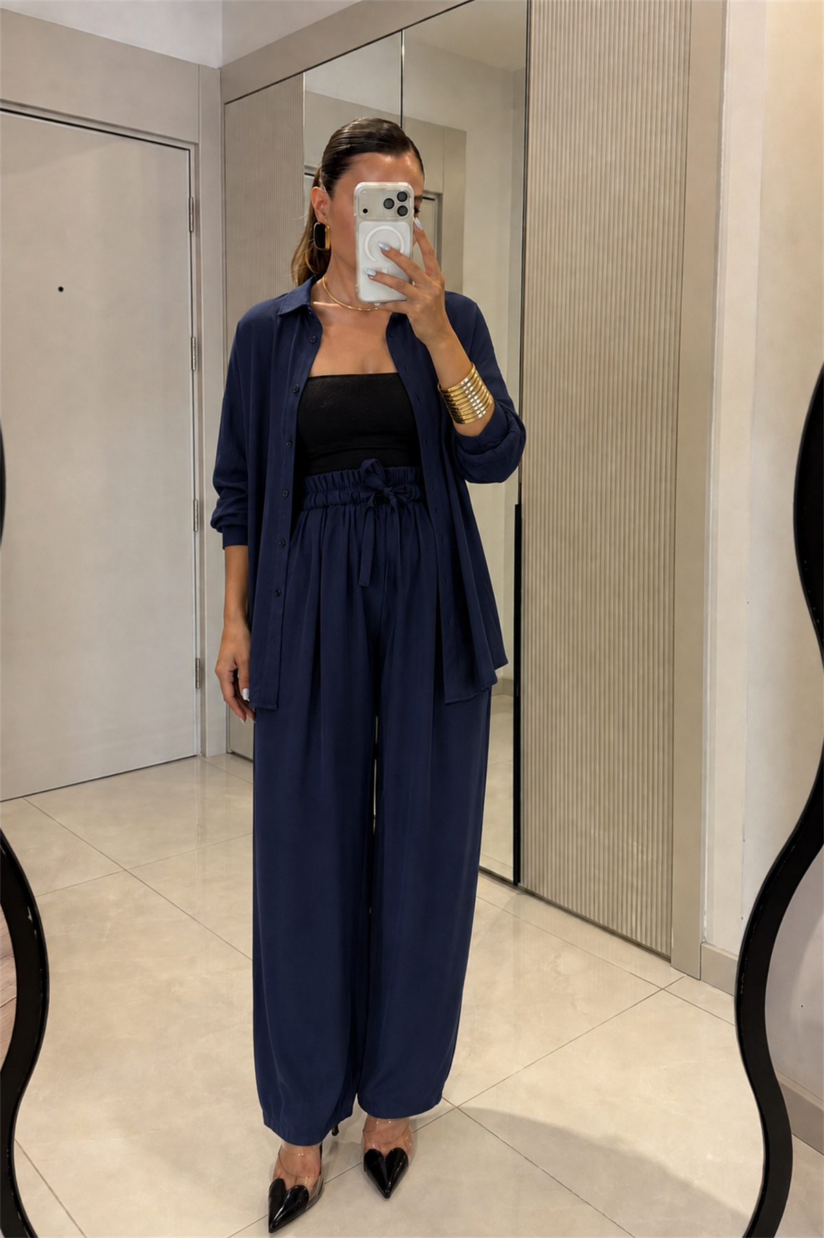 Odette Lacivert MD Kuşaklı Tensel Gömlek Pantolon Takım