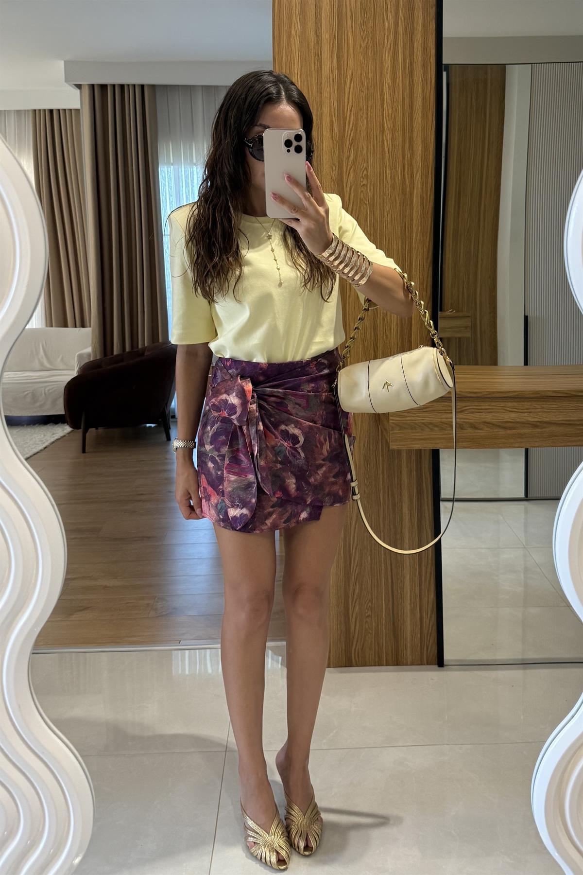 Olga Parlak Dokulu Mor Etek