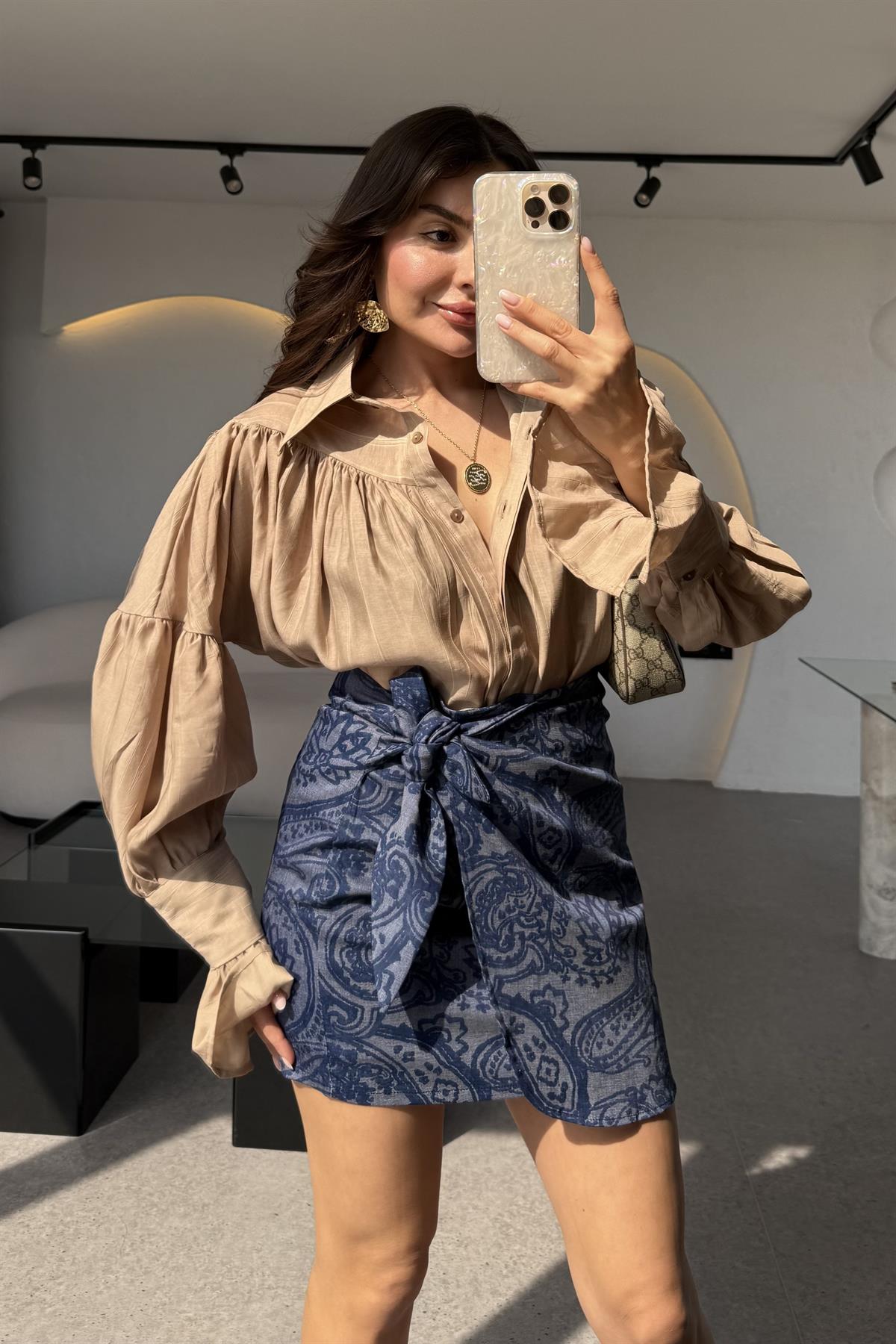 Olive Desenli Yandan Bağlamalı Denim Etek