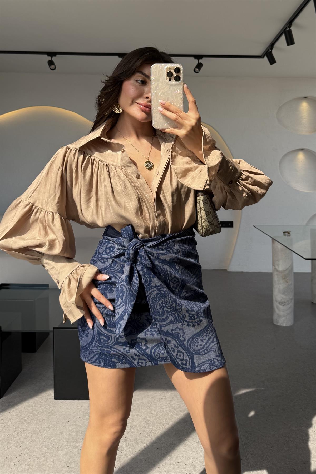 Olive Desenli Yandan Bağlamalı Denim Etek